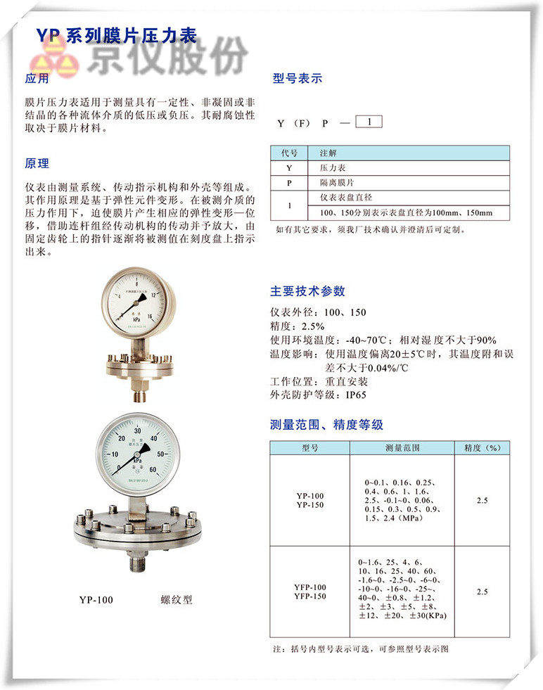 YP系列膜片壓力表